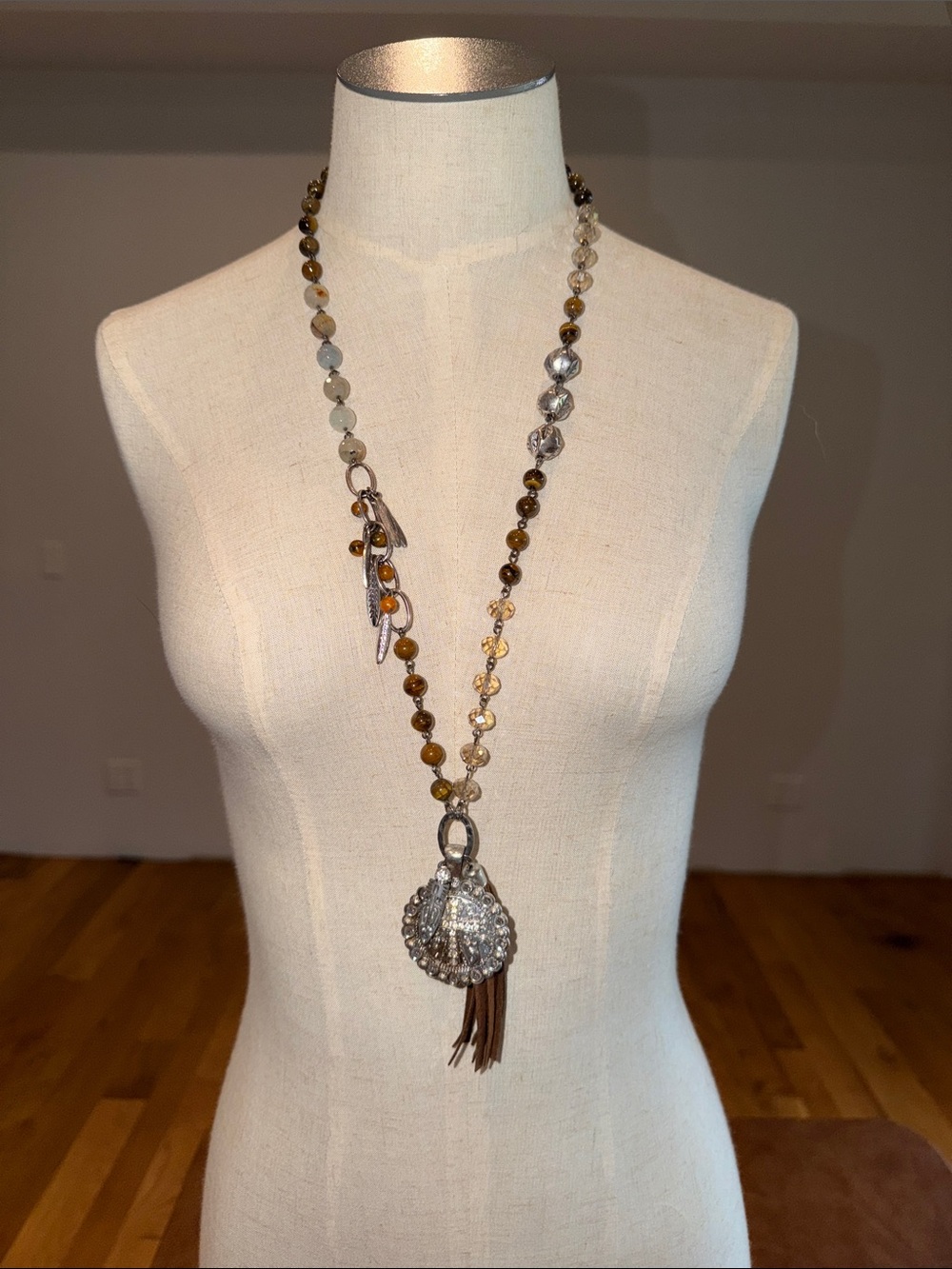 Long Beaded Tassel Necklace in Brown and Silver